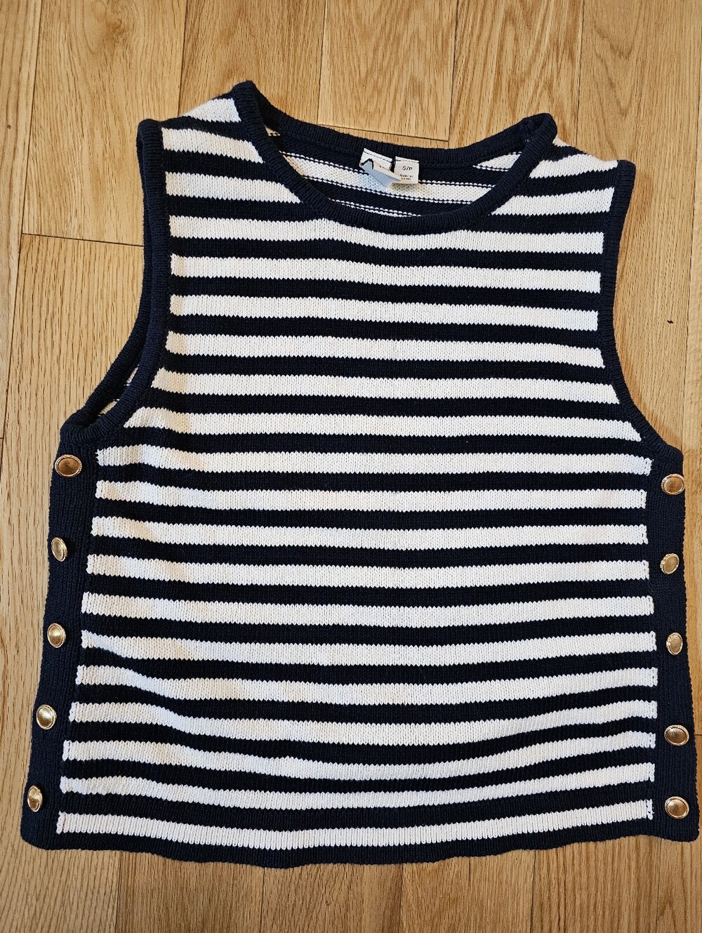 Joie Navy and White Striped Cotton Knit Sweater Vest Top Gold Button Size Small